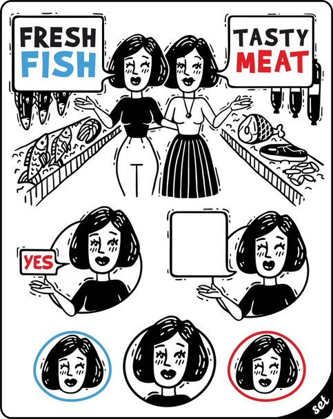 δύο γυναίκες να συζητούν και να δείξει το κρέας και τα ψάρια σύνολο κόμικς - Διάνυσμα, εικόνα