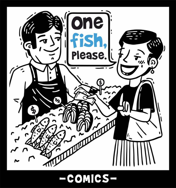 woman buys fish in shop a comic - Vector, Image