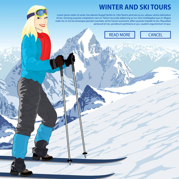 Invierno nieve deportes vector ilustración con chica en montaña resort
  - Vector, imagen