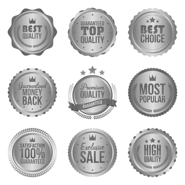 Collection of modern, silver circle metal badges, labels and design elements. Vector illustration - Vector, Image