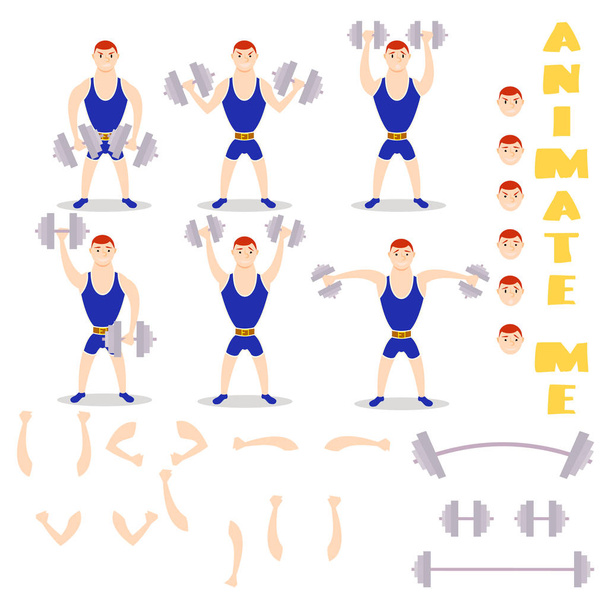 Cartoon man dumbbells exercises squat, deadlift, overhead press. - Vector, Image