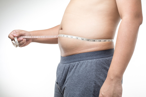 obézní muž s měřicí pásky kolem pasu - Fotografie, Obrázek
