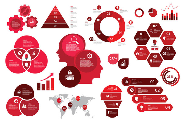 infographic set red color scheme business graph arrow elements chart visualization - Vector, Image