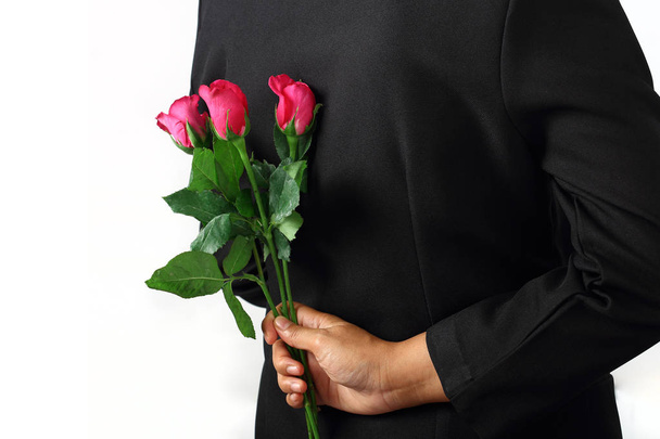 Woman making proposal with rose flowers isolated  - Φωτογραφία, εικόνα