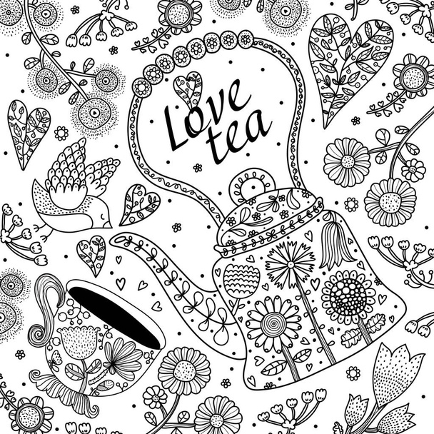 Tea party with flowers and bird.Coloring. - Vector, Image