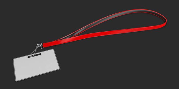 Nombre en blanco rojo mockup del cordón del bagde, ilustración 3d. Llano vacío namebadge maqueta con banda de algodón. negro aislado
 - Foto, imagen