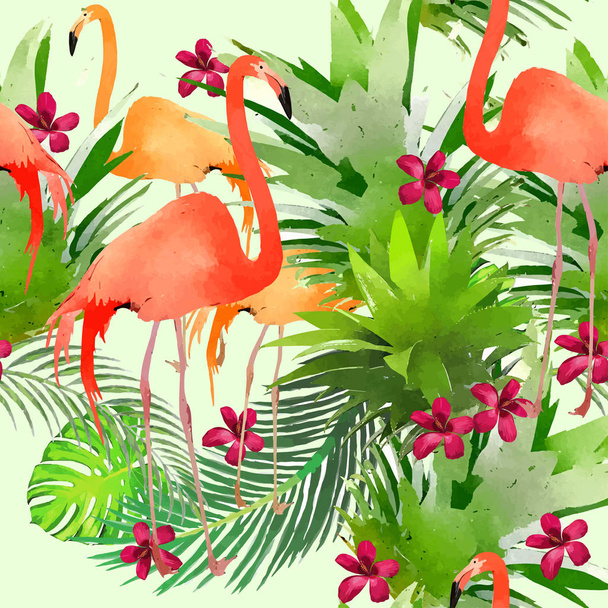  花のシームレスなパターンでの水彩のエキゾチックな野鳥 - ベクター画像