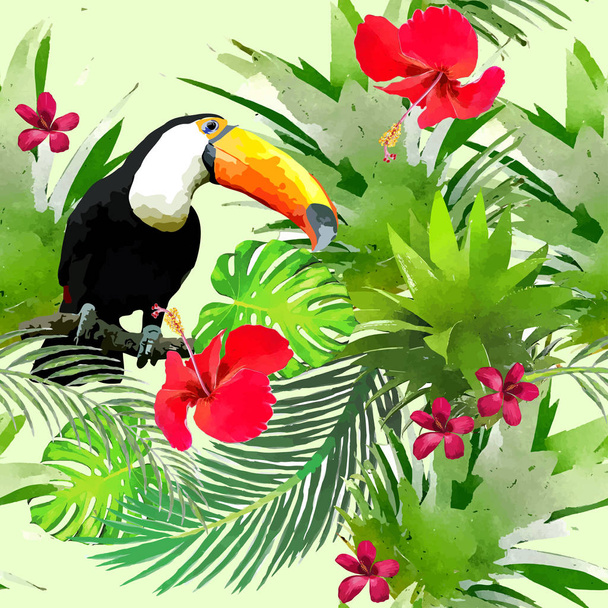  Akvarelu divokých exotických ptáků na bezešvé vzor květiny - Vektor, obrázek