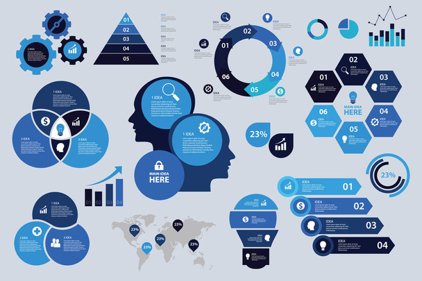інфографічний набір синього кольору схема візуалізації елементів діаграми стрілок бізнес-графіків
 - Вектор, зображення