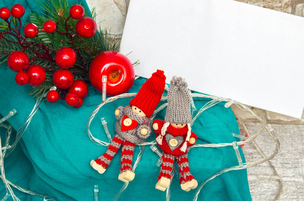 Background with knitted toys on the decorative twigs - Photo, Image