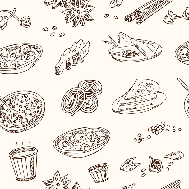 Vector hand drawn set of Indian cuisine. traditional spicy flavored dishes, desserts, beverages. - Vektor, Bild