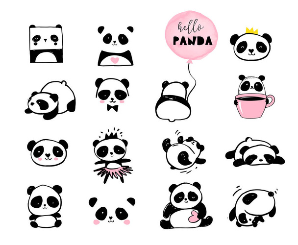 Schattige Panda Beer illustraties, verzameling van vector hand getekende elementen, zwart-wit pictogrammen - Vector, afbeelding