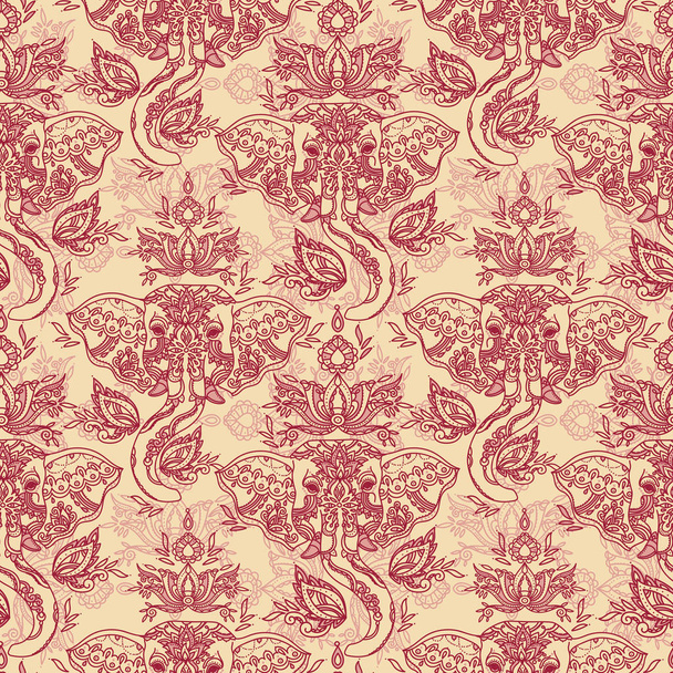 Seamless pattern with indian elephants and beautiful paisley ornament, vector illustration - Vector, imagen