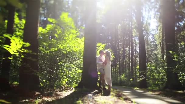 Casal apaixonado na floresta tilt-shift. Homem inclinado no tronco da árvore abraça mulher loira bonita em suas mãos beijando sua testa e nariz. Doce conceito de compreensão da ternura romântica
 - Filmagem, Vídeo