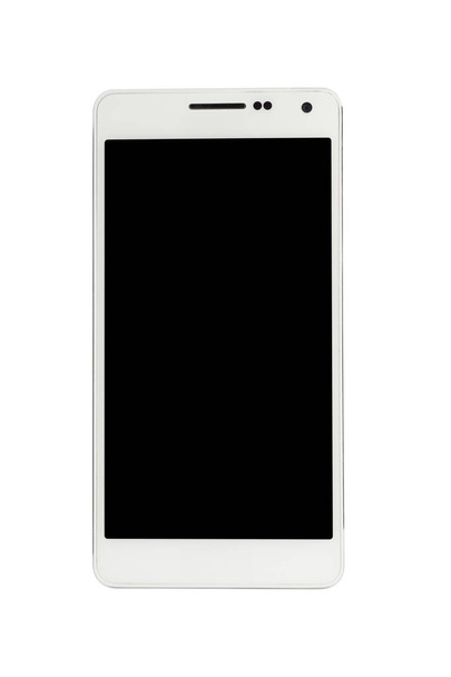 Θέα απευθείας μπροστά από ένα μοντέρνο λευκό κινητό έξυπνο τηλέφωνο - Φωτογραφία, εικόνα