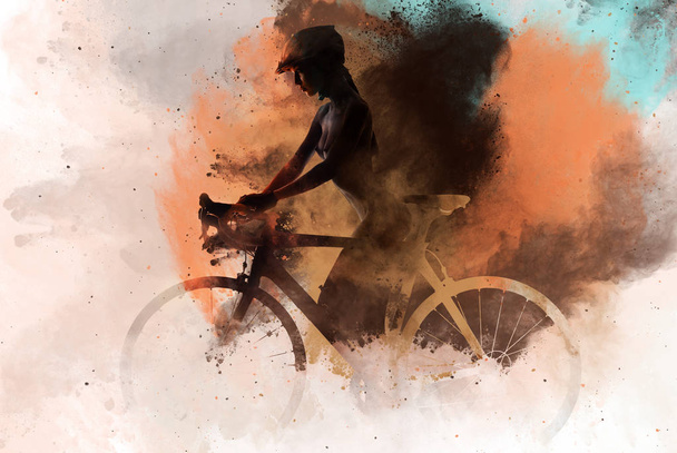 Naked woman with a bicycle combined with an abstract watercolor. - Valokuva, kuva
