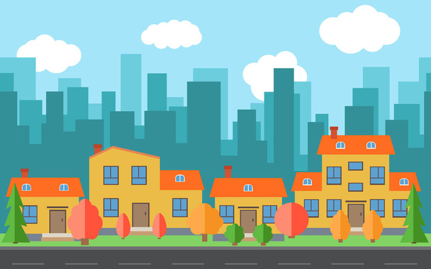 Vector city with cartoon houses and buildings. City space with road on flat style background concept. - Vector, Image