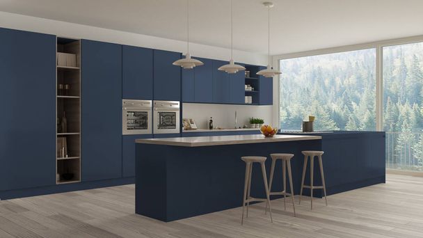 skandinavische weiße Küche mit hölzernen und blauen Details, minimal - Foto, Bild