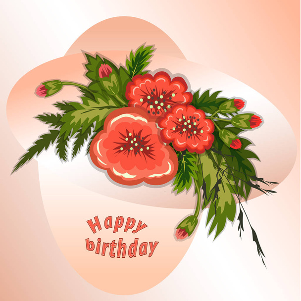 Floral composition. Bouquet of red flowers on soft rose, cream background. Happy birthday pattern for woman. Greeting card. Vector illustration - Vector, imagen