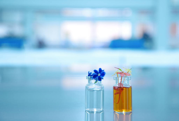 orange violet flower and vial with science laboratory background - Photo, Image