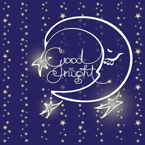 Good night. Vector illustration of handwritten words, moon and stars. - Vector, Image