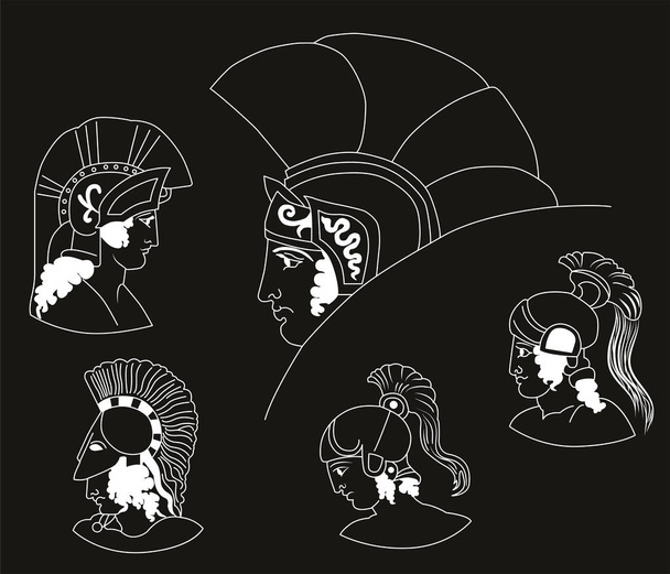 Το σύνολο των εικόνων από αρχαία ελληνικά πολεμιστές κεφάλια. Αρνητική. - Διάνυσμα, εικόνα