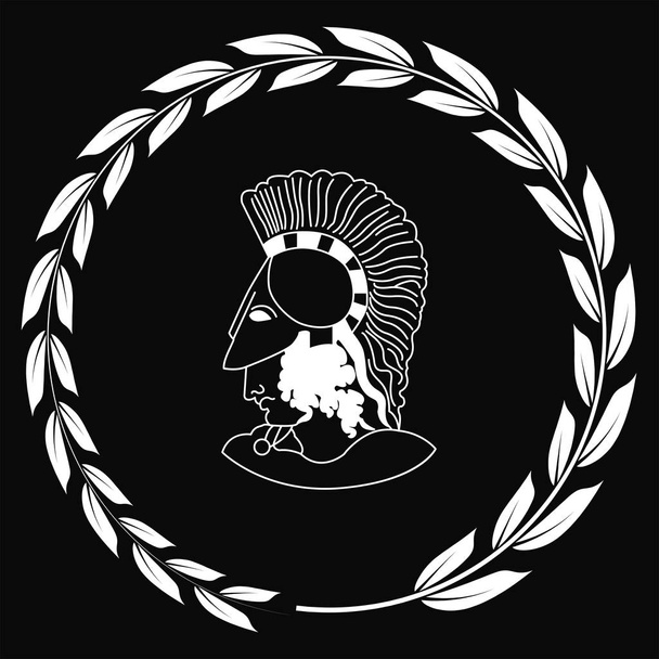 Ručně tažené ozdobné logo s hlavou starověkého řeckého válečníka, negativní. - Vektor, obrázek