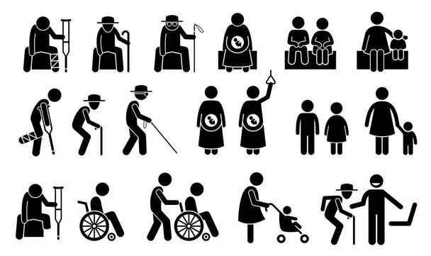 Priority seats for old man, senior citizen, blind man, pregnant woman, children, mother with kid or baby, adult with toddler, handicap, disabled and injured people. Privilege chair for people in need. - Vector, Image