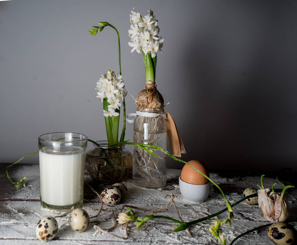 Still life with milk, bread, eggs and hyacinths in glass vases. - Φωτογραφία, εικόνα