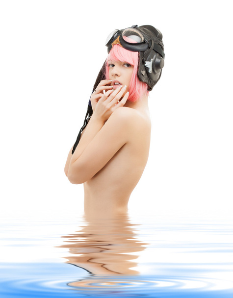 Topless pink hair girl in aviator helmet - Photo, image