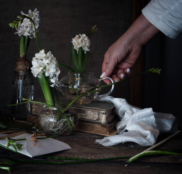three white hyacinth and freesia in transparent vases, a female hand on  dark background - Zdjęcie, obraz