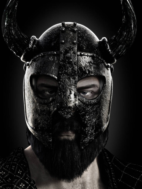 Viking close up wearing a helmet in black and white. 3d rendering - Zdjęcie, obraz