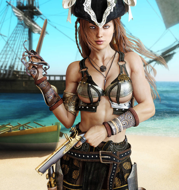 Alluring sexy pirate female posing with a cutlass sword and pistols on a coastline with her pirate ship in the background.  - Φωτογραφία, εικόνα