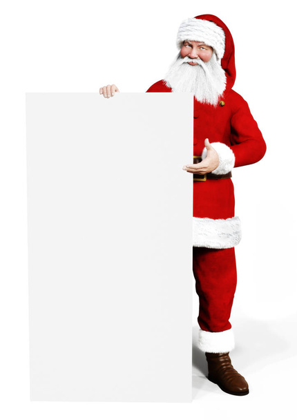 Happy smiling Santa Claus holding a blank advertisement banner sign with room for text or copy space.  - Photo, image