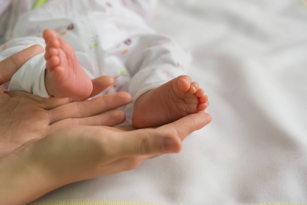 pieds de bébé sur les mains des mères sur la couverture blanche
 - Photo, image