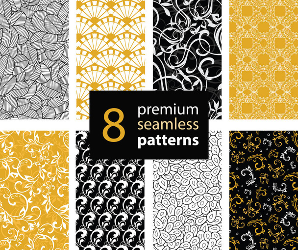 Векторный набор черно-белых и золото-желтых абстракций Trendy Seamless Repeat Pattern. Отлично подходит для Озила, Валльпаера, Скрапбукинга
. - Вектор,изображение