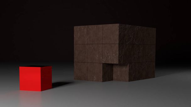 Grunge cubo marrón con pieza faltante rojo
 - Foto, imagen