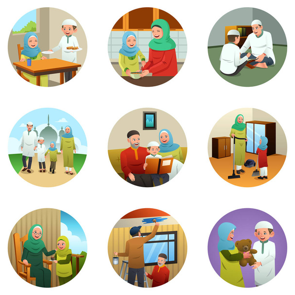 Muslim Family Doing Different Activities - Vector, Image