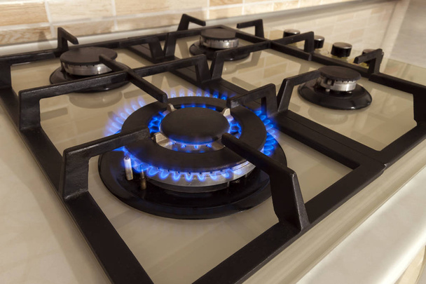 Detailní záběr z modrého ohně z domácí kuchyně, sporák. Plynové cooke - Fotografie, Obrázek