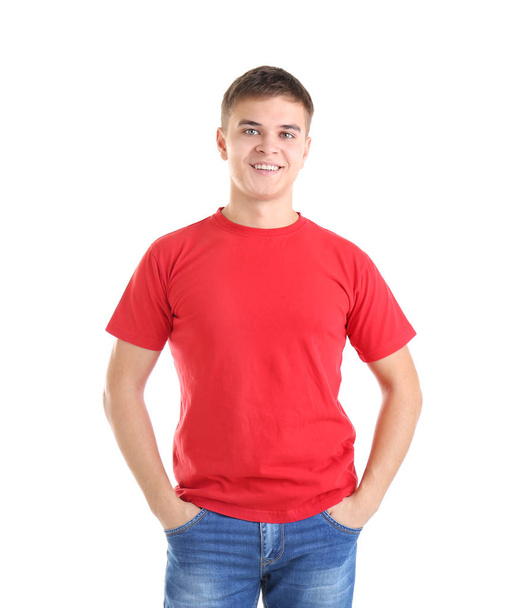 young man in blank t-shirt  - 写真・画像