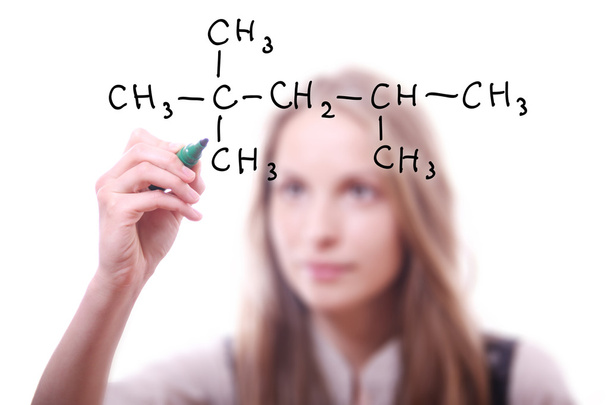 Chemist shows a molecular structure - Zdjęcie, obraz