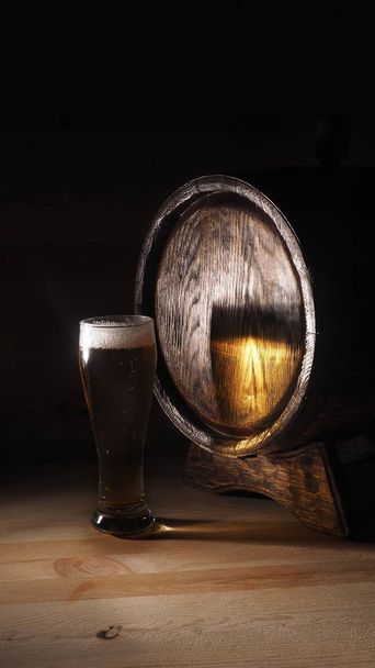 Beer mugs and barrel on a wooden background - Foto, immagini