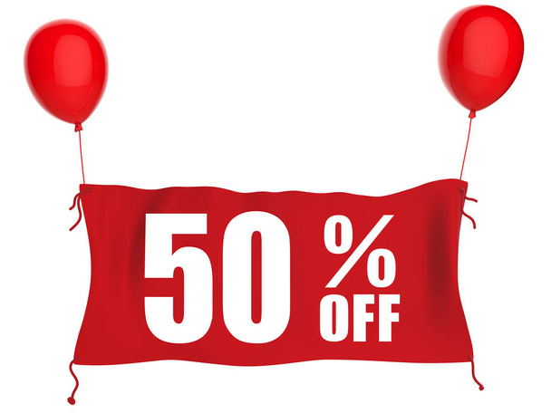 50% off banner on red cloth with red balloons - Photo, Image