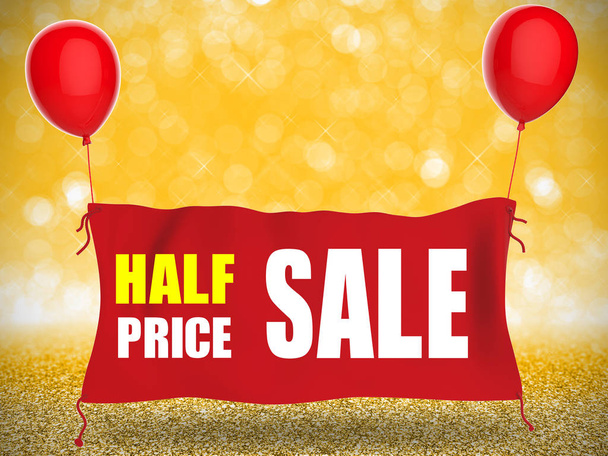 banner di vendita a metà prezzo su panno rosso con palloncini rossi
 - Foto, immagini