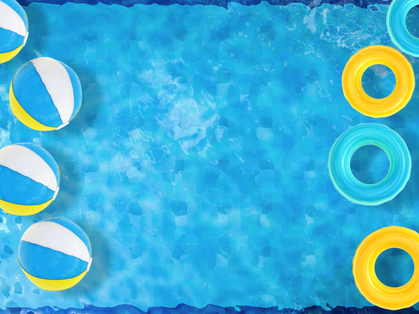 ballen van het strand en zwemmen ringen drijvend op zwembad  - Foto, afbeelding