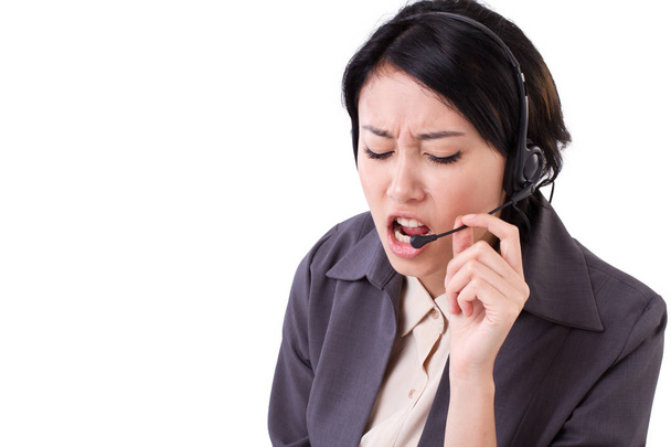 irritada, mulher de negócios chateado com fone de ouvido
 - Foto, Imagem
