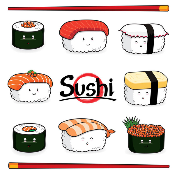 Set Sushi sarjakuvahahmo valkoisella taustalla, Japanilainen ruoka, Vektori
 - Vektori, kuva