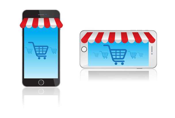 Smartphone με τέντα και καλάθι για το ηλεκτρονικό κατάστημα, e-commerce ιδέες, εικονογράφηση διάνυσμα - Διάνυσμα, εικόνα