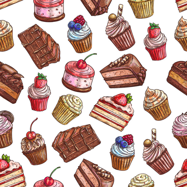 Cakes, cupcakes, muffins. Patisserie pattern - Vector, Image
