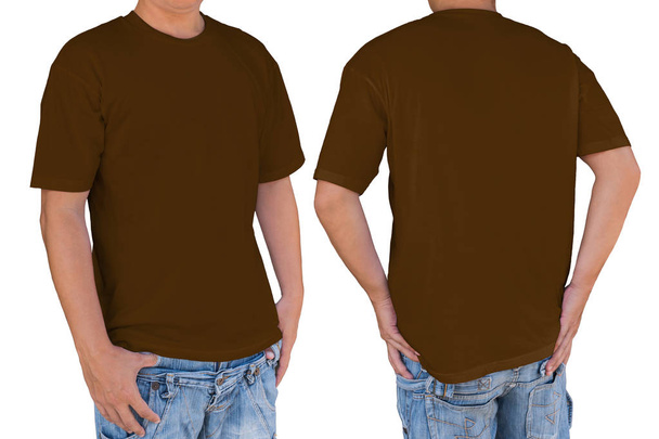 Człowiek nosi brązowy t-shirt z ścieżki przycinającej, przód i tył vie - Zdjęcie, obraz